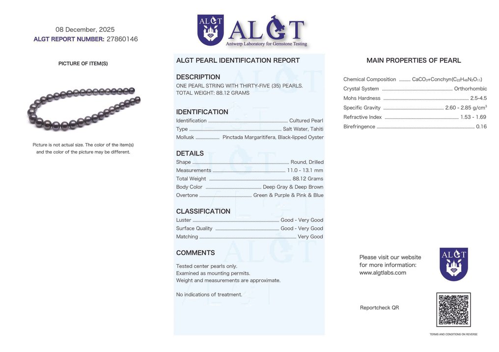 项链 - 14K包金 白金, ALGT 认证的大溪地珍珠 - 11.0x13.1毫米 #3.2