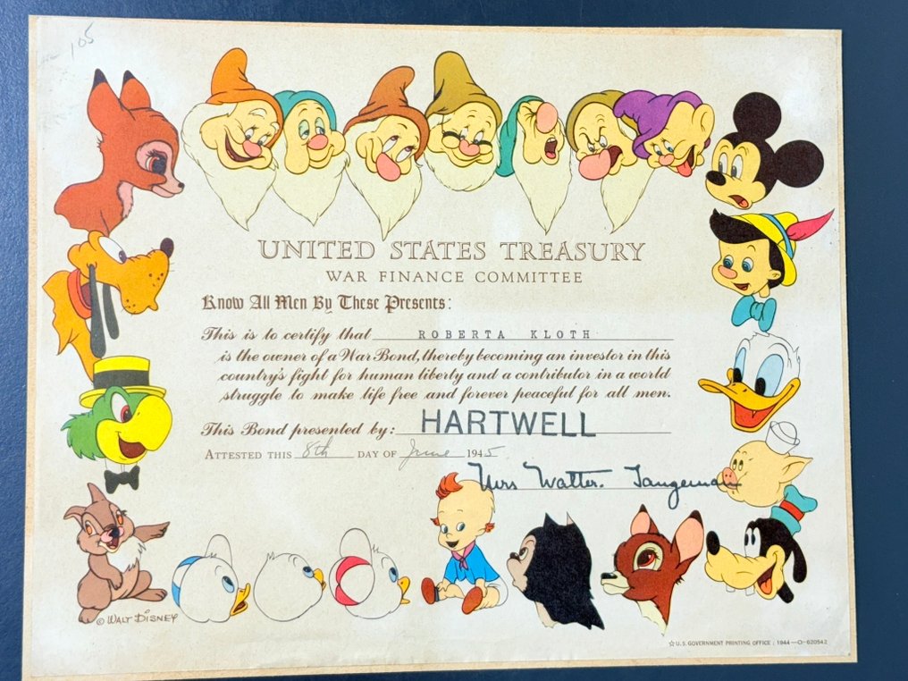 U.S. Treasury War Bond Certificate (1945) - 1 Σχεδιασμός χαρακτήρων Walt Disney – Σπάνια αναμνηστικά του Β' Παγκοσμίου Πολέμου., Πιστοποιητικό πολεμικού ομολόγου #1.0