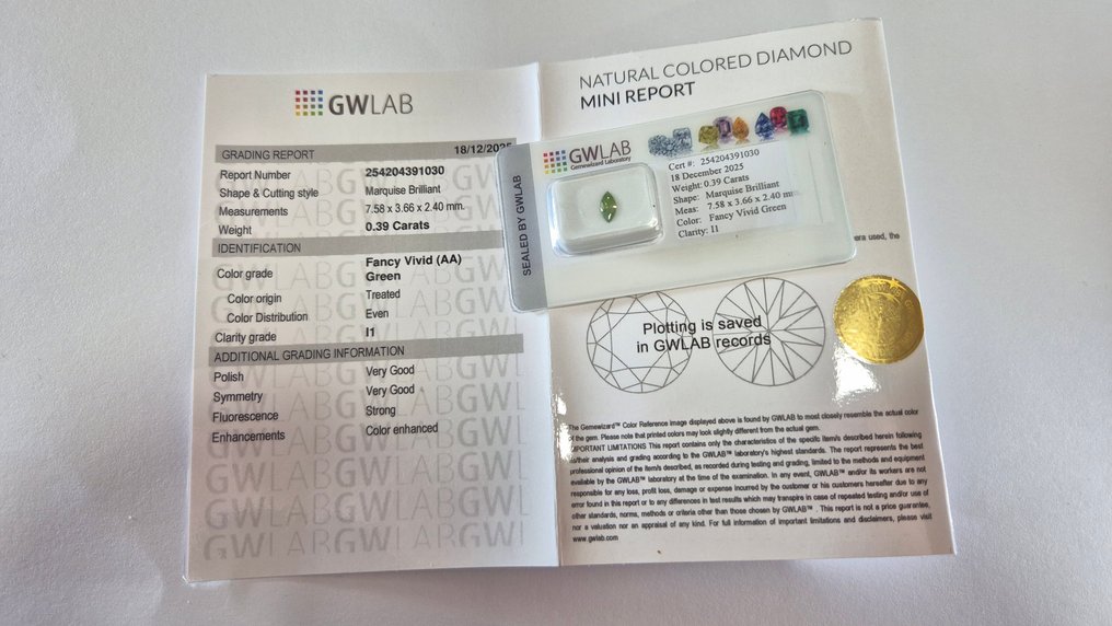 没有保留价 - 1 pcs 钻石  (经彩色处理)  - 0.39 ct - 榄尖形 - Fancy vivid 绿色 - I1 内含一级 - Gemewizard宝石实验室（GWLab） #4.3