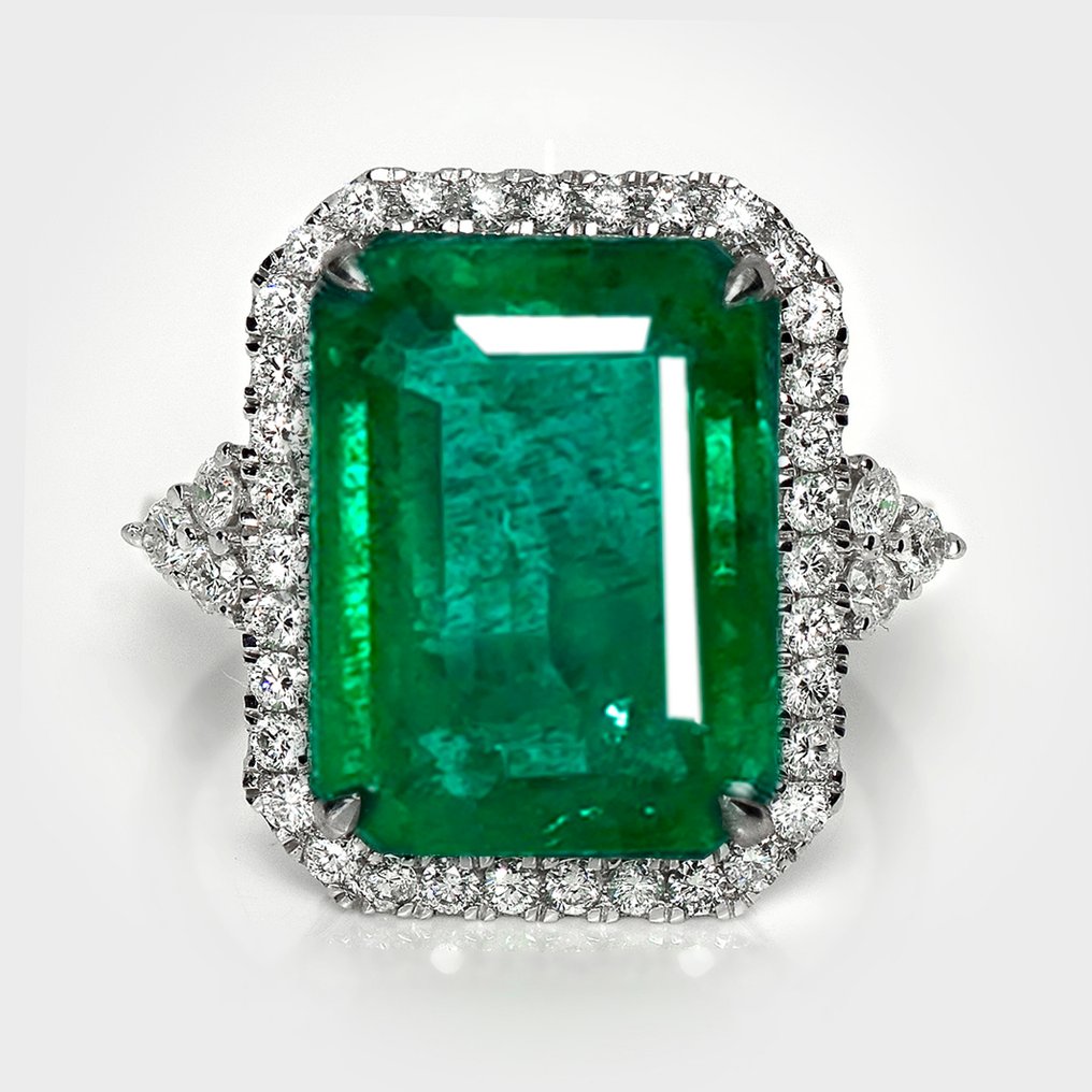 沒有保留價 - 戒指 - 14 克拉 白金, IGI 9.15 克拉赞比亚浓郁绿色 - 9.72ct. tw. 祖母綠 - 鉆石 #1.0