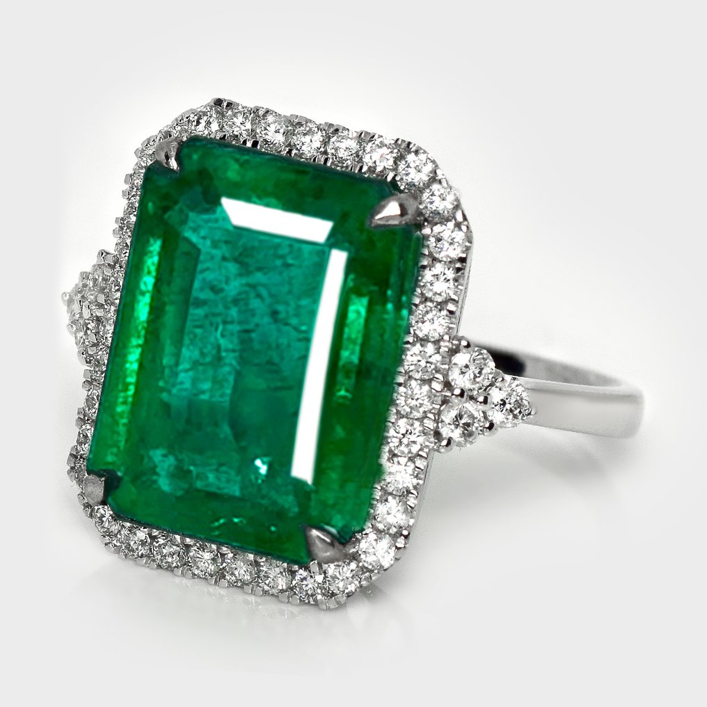 沒有保留價 - 戒指 - 14 克拉 白金, IGI 9.15 克拉赞比亚浓郁绿色 - 9.72ct. tw. 祖母綠 - 鉆石 #2.1