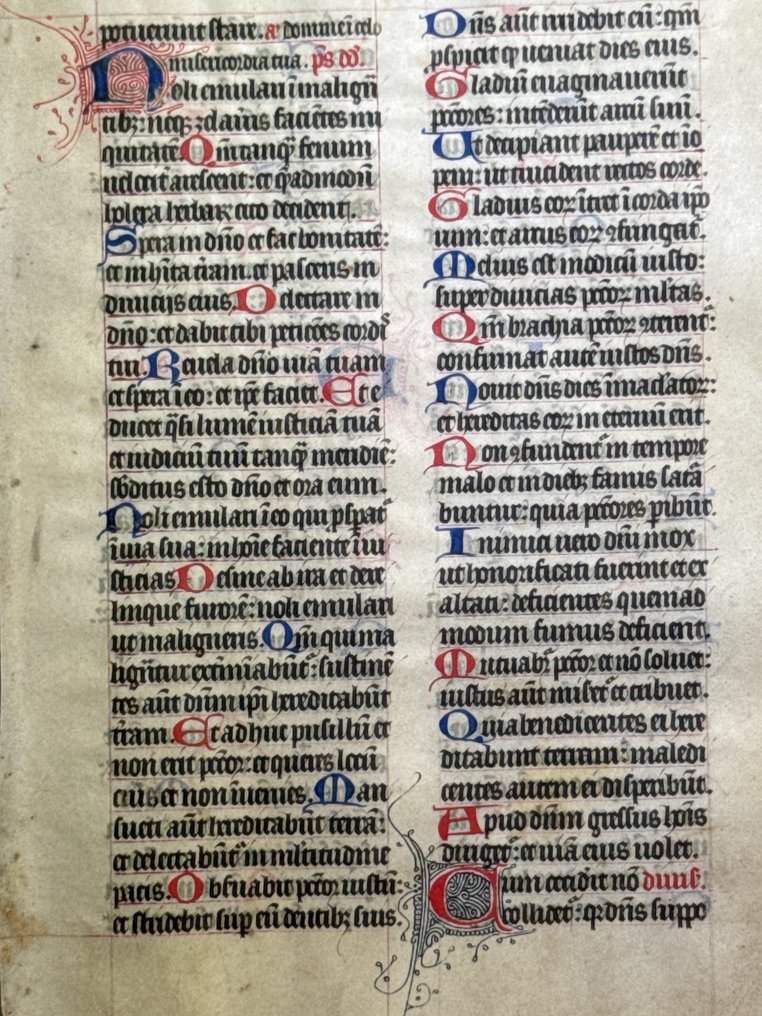 French scriptorium of the Middle Ages - Breviary illuminated leaf on vellum France 14th Cent. Beautiful filigree initials in red and blue - 1350 #4.3