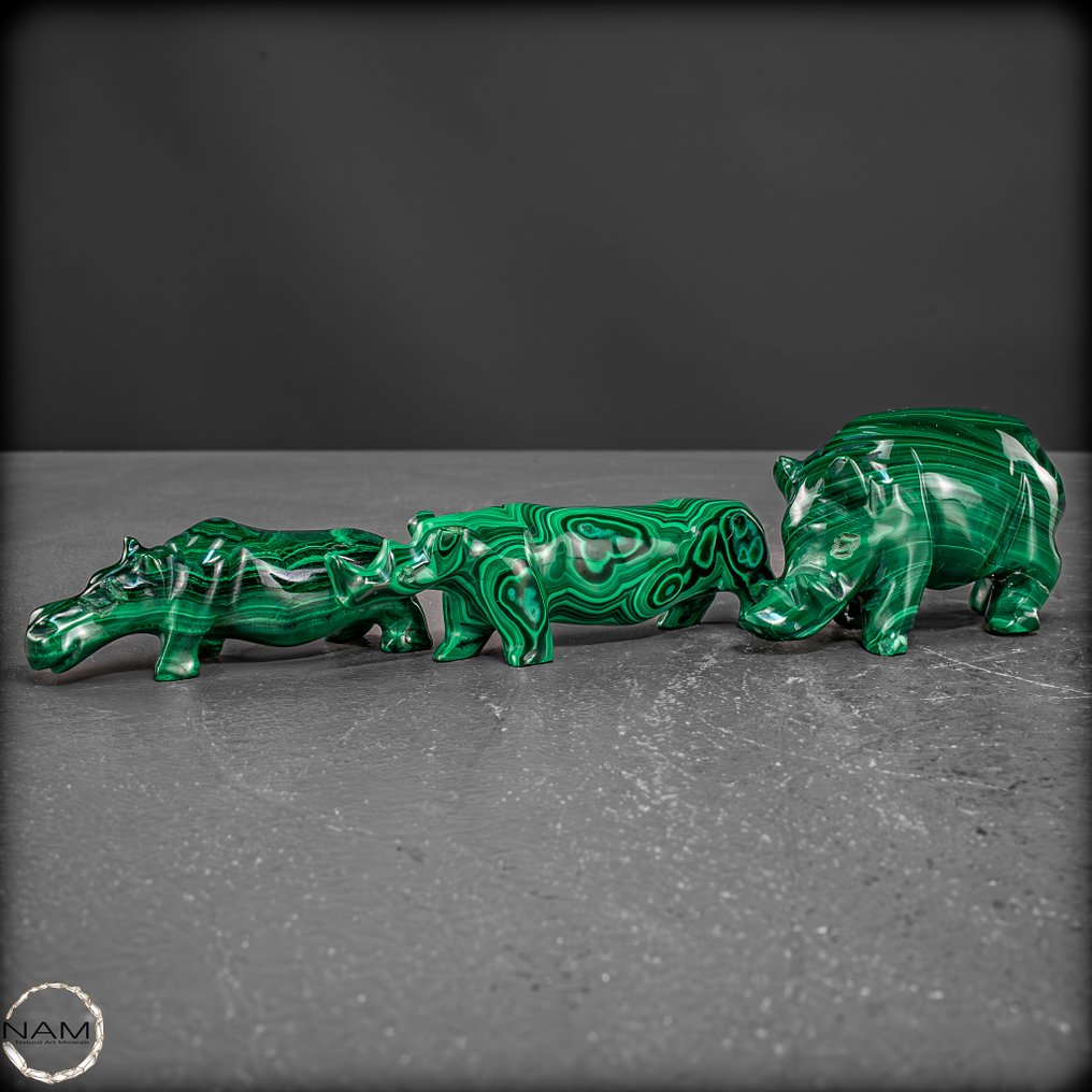 Εκλεπτυστό σετ από μαλαχίτη – Ιπποπόταμος, ρινόκερος και αγριόχοιρος από φυσικό πολύτιμο λίθο- 282.28 g - (3) #1.0
