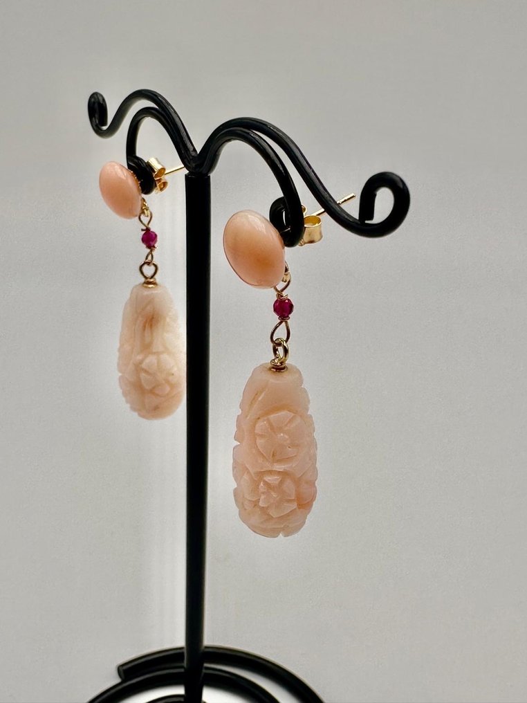 Σκουλαρίκια - 18 καράτια Κίτρινο χρυσό Κοράλλι - Ρουμπίνι #2.1