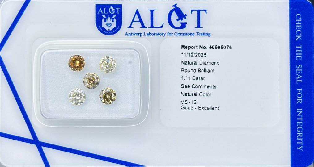 没有保留价 - 5 pcs 钻石  (天然色彩的)  - 1.11 ct - 圆形 混合色彩 - VS1 轻微内含一级, I2 内含二级 - 安特卫普宝石检测实验室（ALGT） #1.0