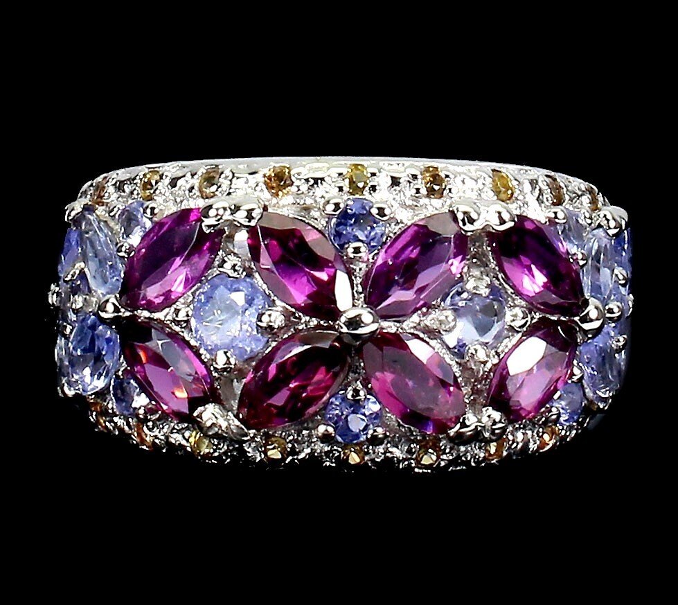 χωρίς τιμή ασφαλείας - Δαχτυλίδι Επιχρυσωμένο με λευκό χρυσό πάνω από 925 ασήμι. Γρανάτης - Τανζανίτης, Ζαφείρι #1.0