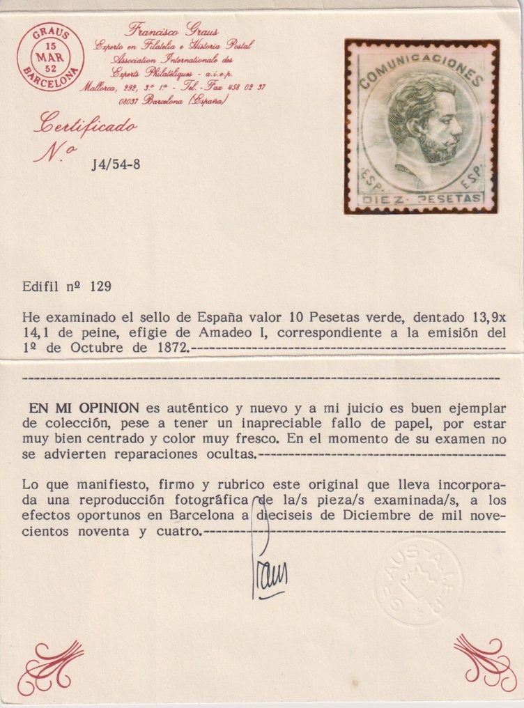 Spain 1872 - Amadeo - well-centered certificate - error-cert Graus - Edifil nº 129 #2.1