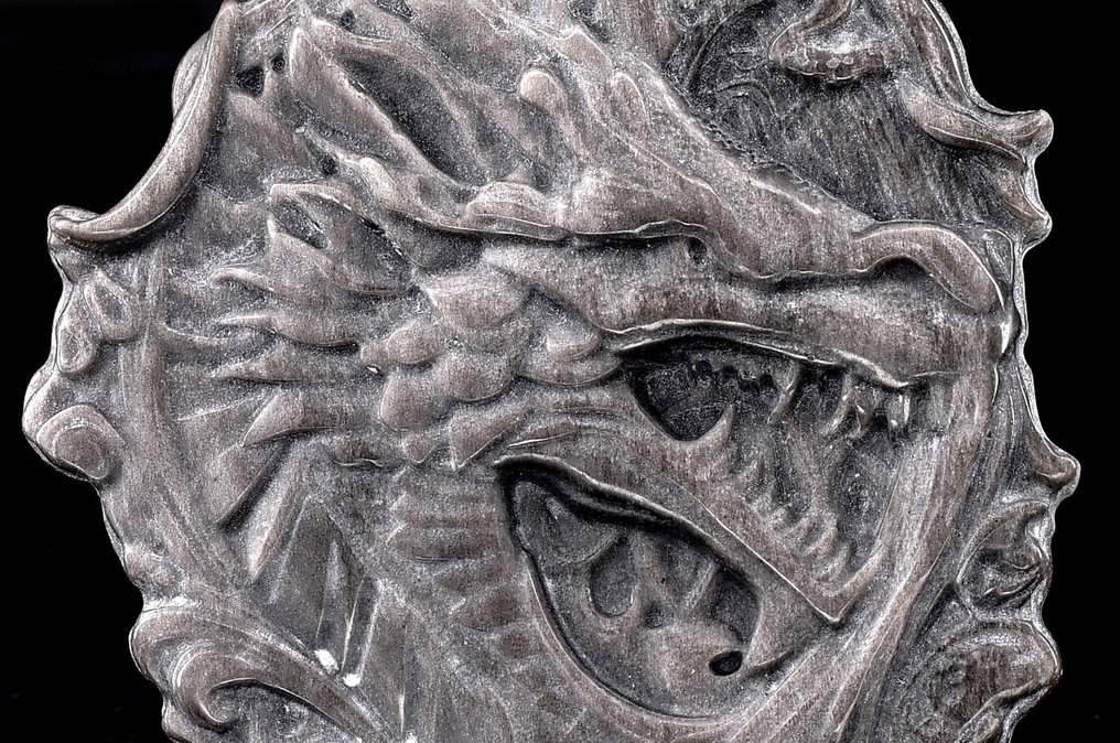 Ασημένιο Obsidian πρώτης ποιότητας κεφάλι δράκου - Ύψος: 9.5 cm - Πλάτος: 9.1 cm- 98 g #2.1