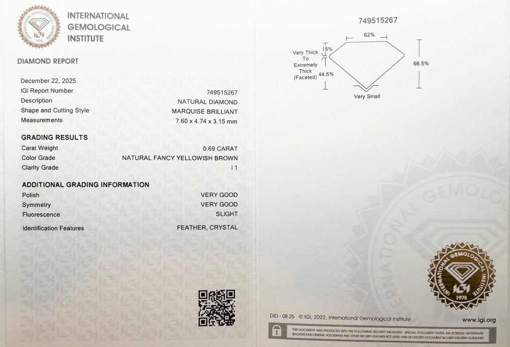 没有保留价 - 1 pcs 钻石  (天然色彩的)  - 0.69 ct - 榄尖形 - Fancy 稍帶黄色的 棕色 - I1 内含一级 - 国际宝石研究院（IGI） #2.1