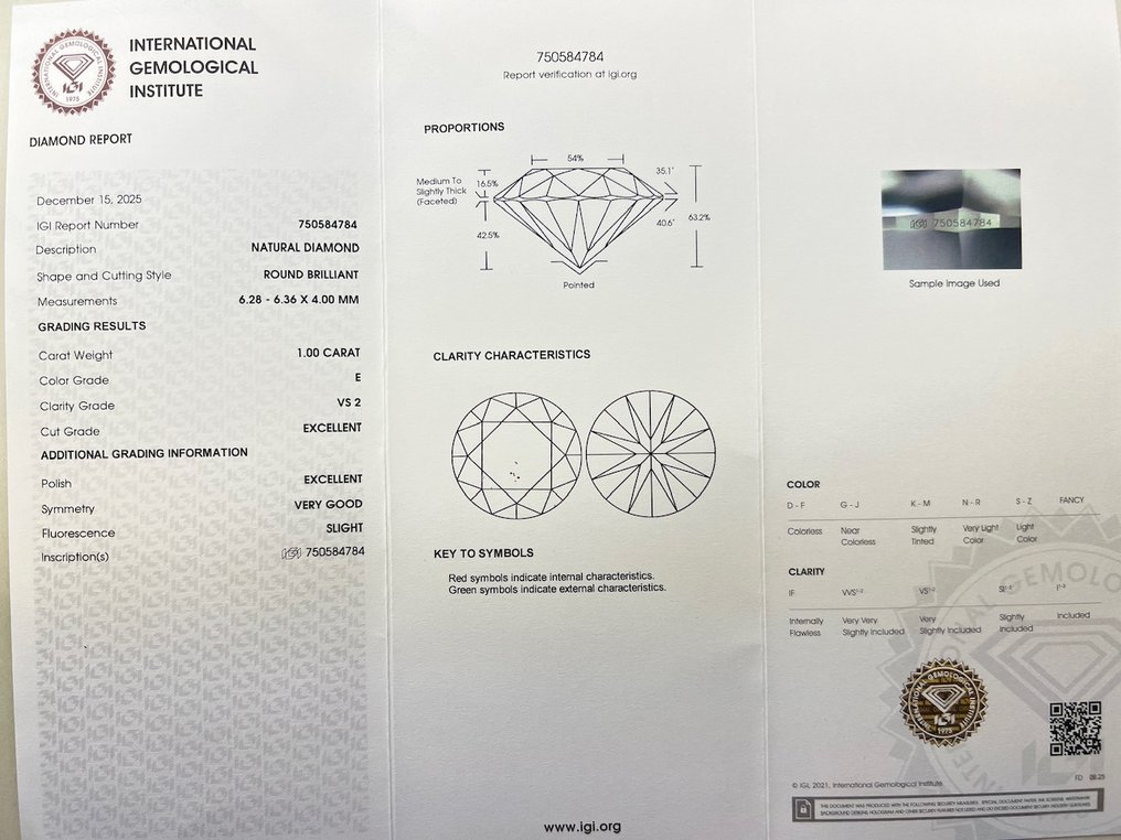 沒有保留價 - 1 pcs 鑽石 (天然) - 1.00 ct - 圓形 - E(近乎完全無色) - VS2 - 國際寶石學院(International Gemological Institute (IGI)) #3.2