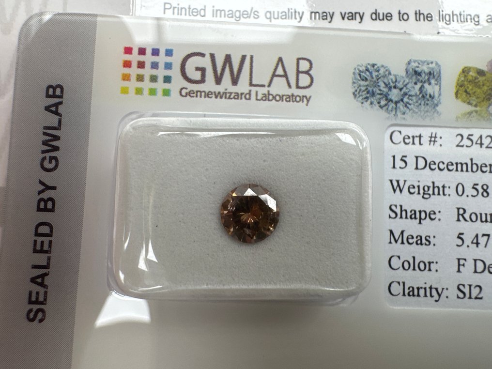 没有保留价 - 1 pcs 钻石  (天然色彩的)  - 0.58 ct - 圆形 - Fancy deep 似橙色 棕色 - SI2 微内含二级 - Gemewizard宝石实验室（GWLab） #1.0