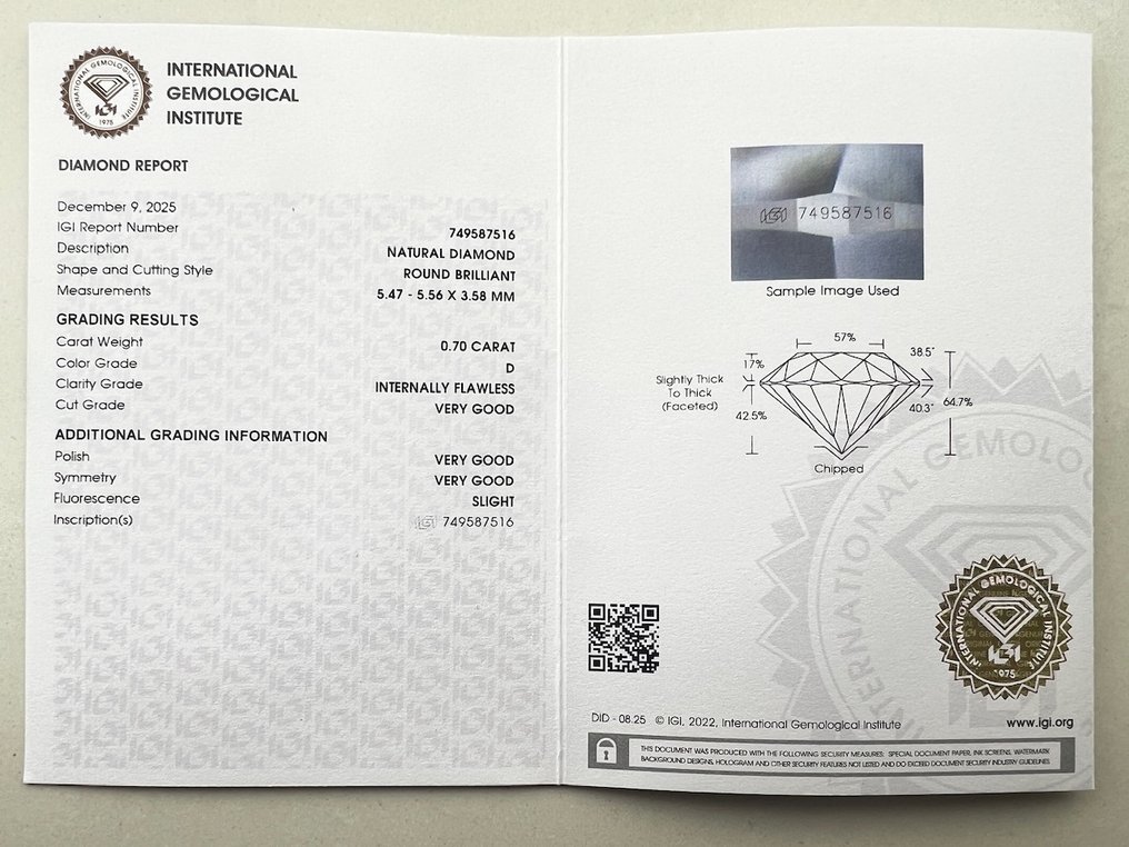 没有保留价 - 1 pcs 钻石 (天然) - 0.70 ct - 圆形 - D (无色) - IF - 国际宝石研究院(IGI) #3.2