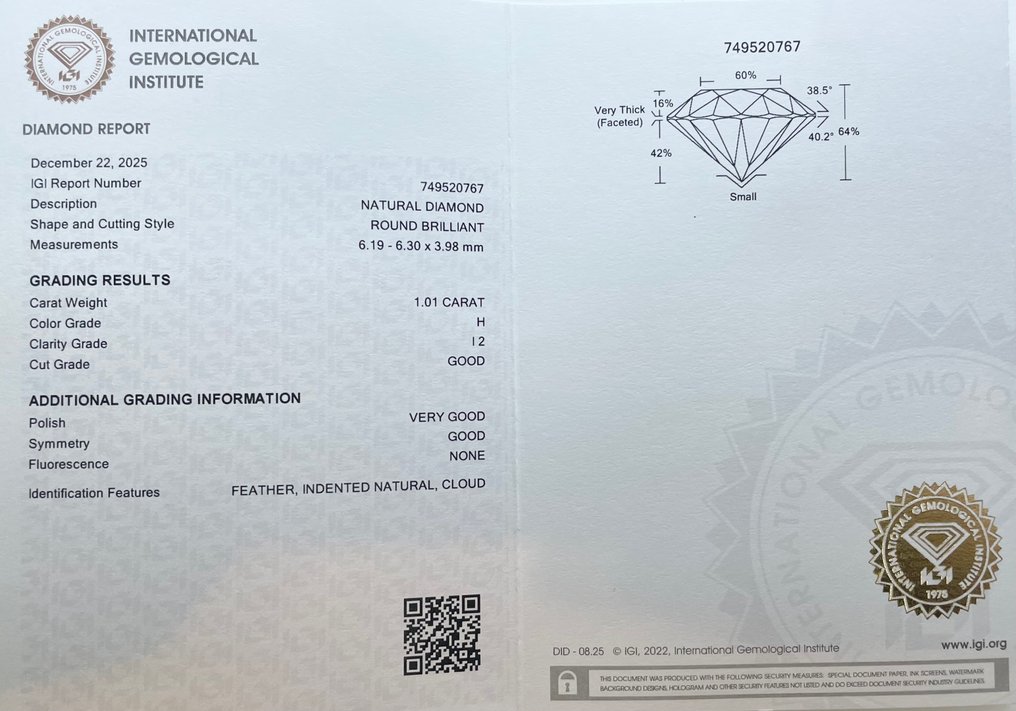 没有保留价 - 1 pcs 钻石  (天然)  - 1.01 ct - 圆形 - H - I2 内含二级 - 国际宝石研究院（IGI） #2.1