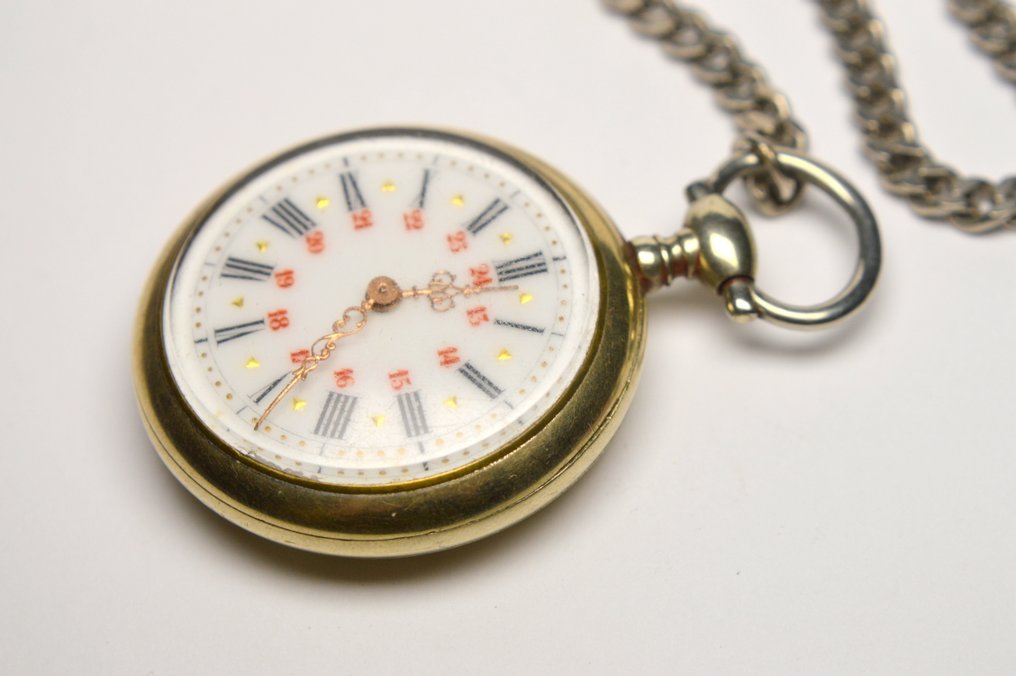 Antique - Argentan - mechanical pocket watch with chain & key - 1900-1949 #4.3