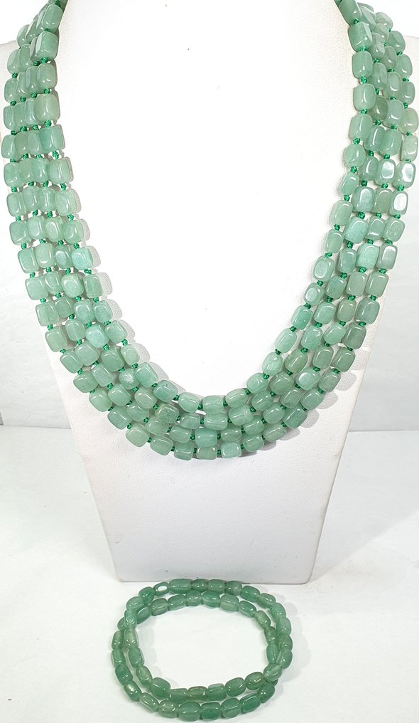 天然绿色探险石 - 一流品质 - 繁荣之石 - 925纯银 - 2 条手链 - 项链 #3.2