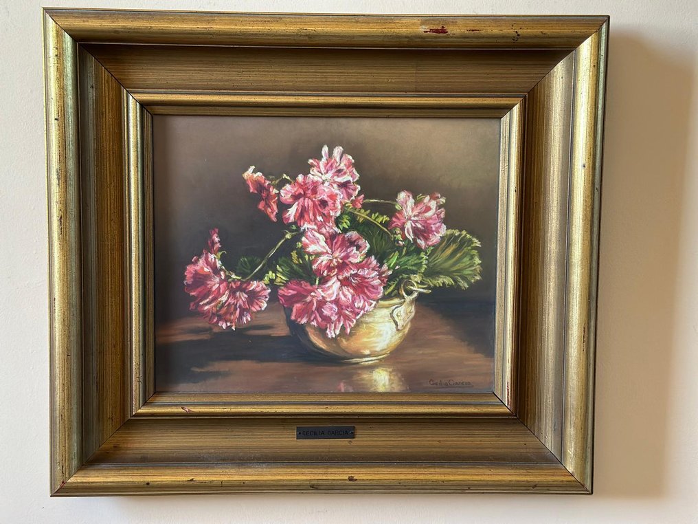 Spanische Schule (XX) - Jarrón de geranios rosas #4.3