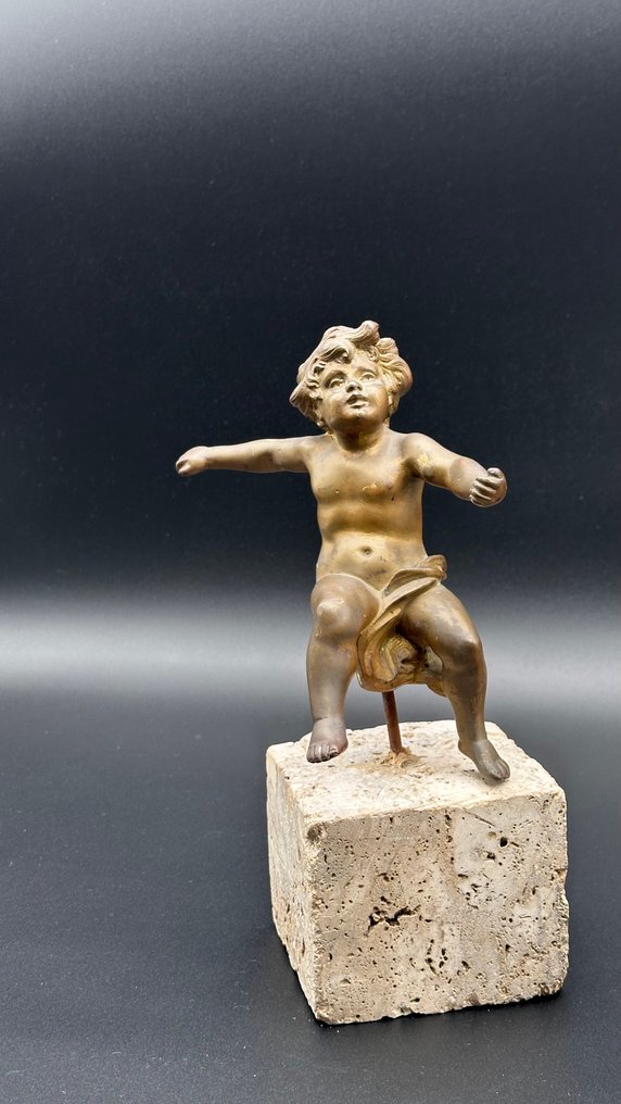 雕塑, Putto danzante - 3,6 kg - 26 cm - 黄铜色, 石头 #1.0