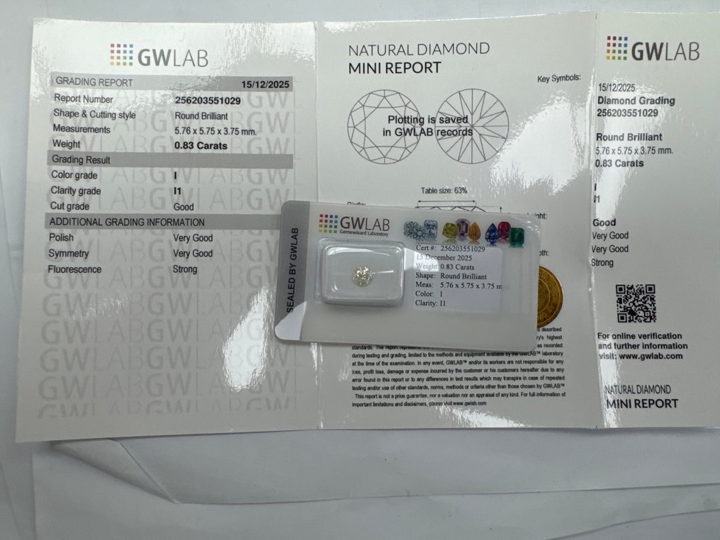 没有保留价 - 1 pcs 钻石  (天然)  - 0.83 ct - 圆形 - I - I1 内含一级 - Gemewizard宝石实验室（GWLab） #2.1