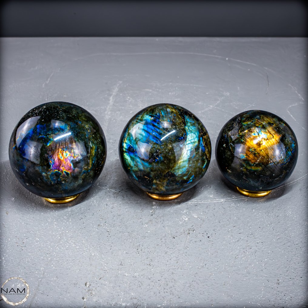 神秘的三颗拉布拉多石球套装 自然界迷人的色彩游戏- 1028.28 g - (3) #4.3