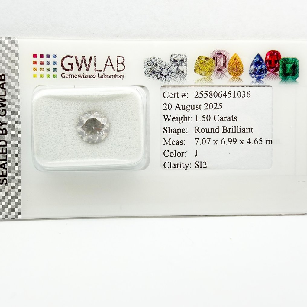 沒有保留價 - 1 pcs 鑽石  (天然)  - 1.50 ct - 圓形 - J(極微黃、從正面看是亮白色) - SI2 - Gemewizard Gemological Laboratory (GWLab) #4.3