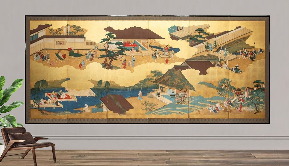 Byōbu屏風 - 紙, 木, 金色, 一幅光亮的六扇屏风（Byōbu 屏风），以金箔装饰，描绘日常生活的场景。 - 日本 - 明治时期（19世纪下半叶） #1.0