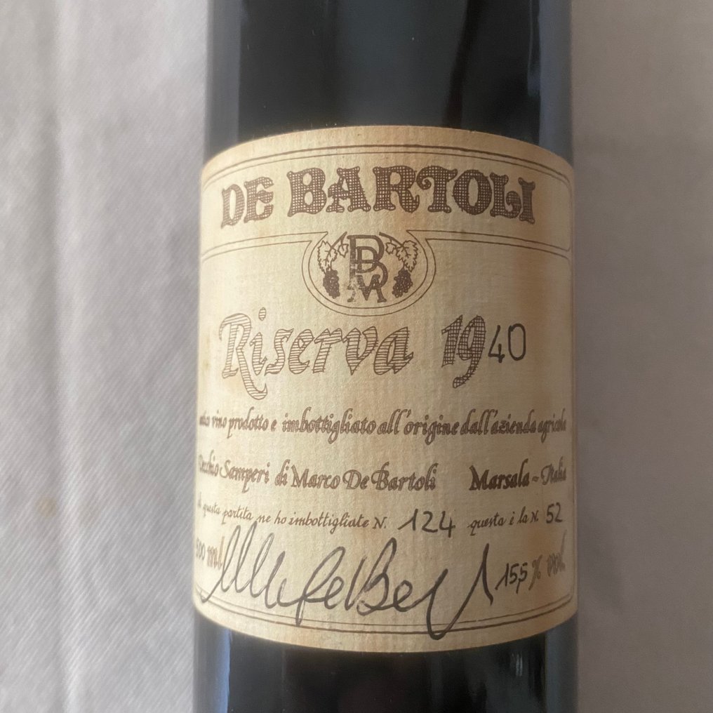 1940 Marco De Bartoli Marsala Vecchio Samperi Riserva Storica n. 52/124 Firma Autografa Tappo Ceralacca - Marsala Riserva - 1 Jennie (0,5 L) #3.2