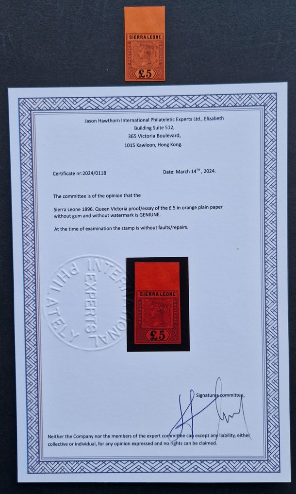 塞拉利昂 1896 - 稀有的“5 Pond”边缘块 (!) Queen Victoria 测试样本，附带真伪证书 #1.0