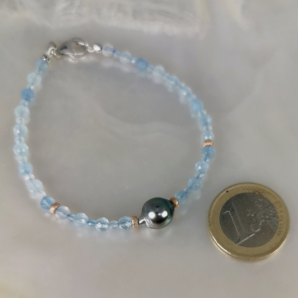 没有保留价 - 手镯 银 珍珠 - 海蓝宝石 - 塔希提孔雀 Ø8,9x10毫米 #4.3