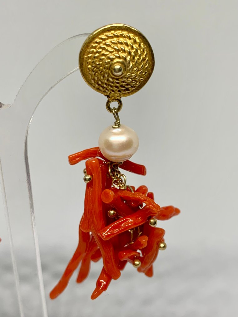 紅珊瑚 - 銀 - 耳環 - 珊瑚与珍珠 #2.1