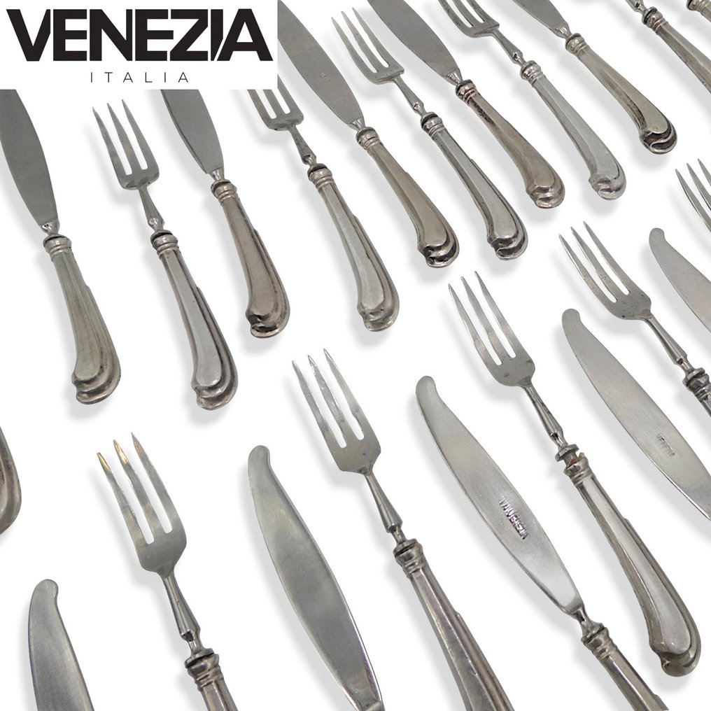 Serviço de mesa (24) - 12x Garfos e 12x Facas de Laminado Doce em Prata da Coleção "Venezia" - Aço #1.0