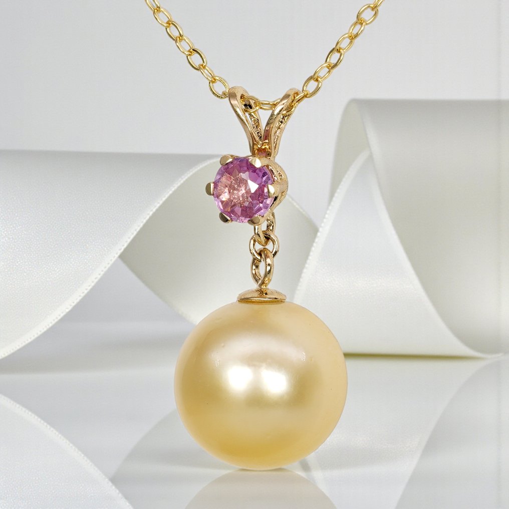 没有保留价 - 吊坠 - 14K包金 黄金 蓝宝石 - 珍珠 - 粉色蓝宝石 #3.2