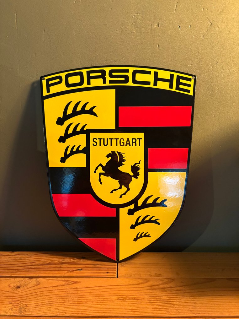 Placă emailată magnifică cu logo Porsche din metal, 45cm x 36,5cm - Placă de email - Oțel #1.0
