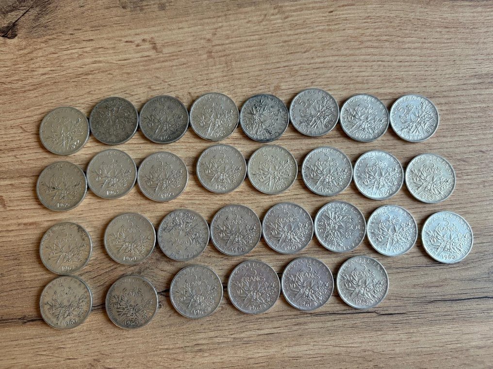 Francia. 5 Francs 1960/1966 Semeuse (lot de 30 monnaies en argent) #3.2