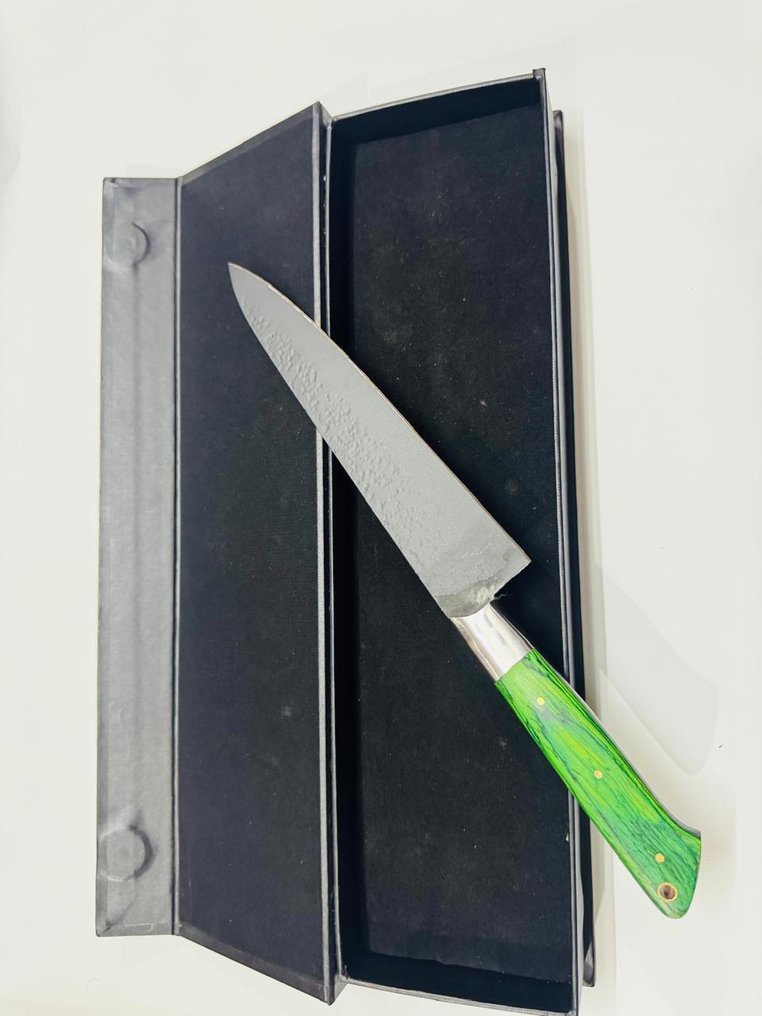 HexClad - Kjøkkenkniv - Chef's knife - Messing, Damaskusstål - Grønn pakkatre - Japan - Hamret finish Guyto #3.2