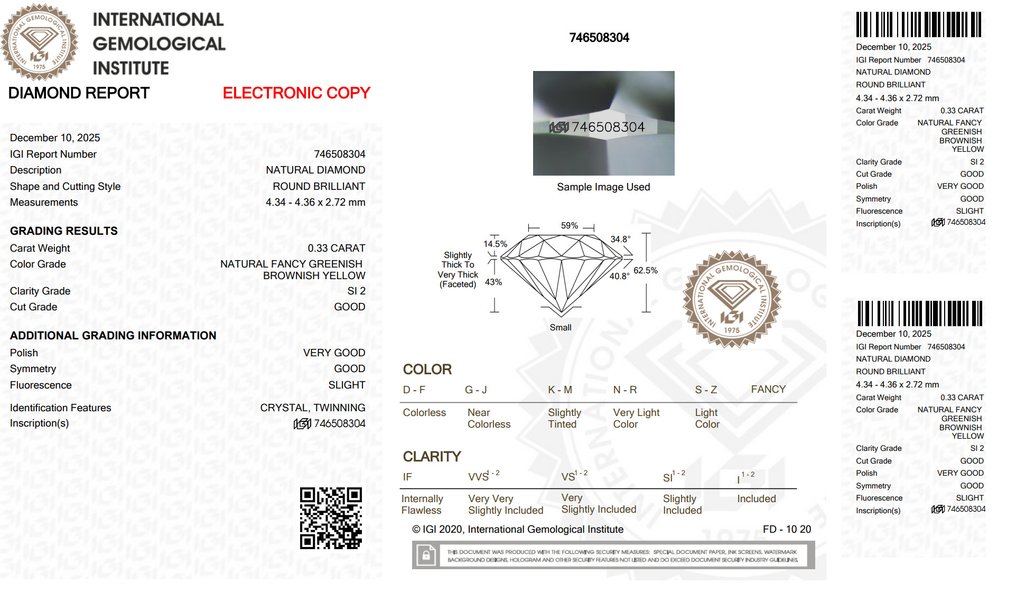 没有保留价 - 1 pcs 钻石  (天然色彩的)  - 0.33 ct - 圆形 - Fancy 稍帶綠色的, 稍帶棕色的 黄色 - SI2 微内含二级 - 国际宝石研究院（IGI） #2.1
