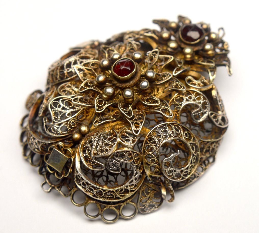 没有保留价 - 胸针 古董800银 石榴石 - 菲利格雷 #1.0
