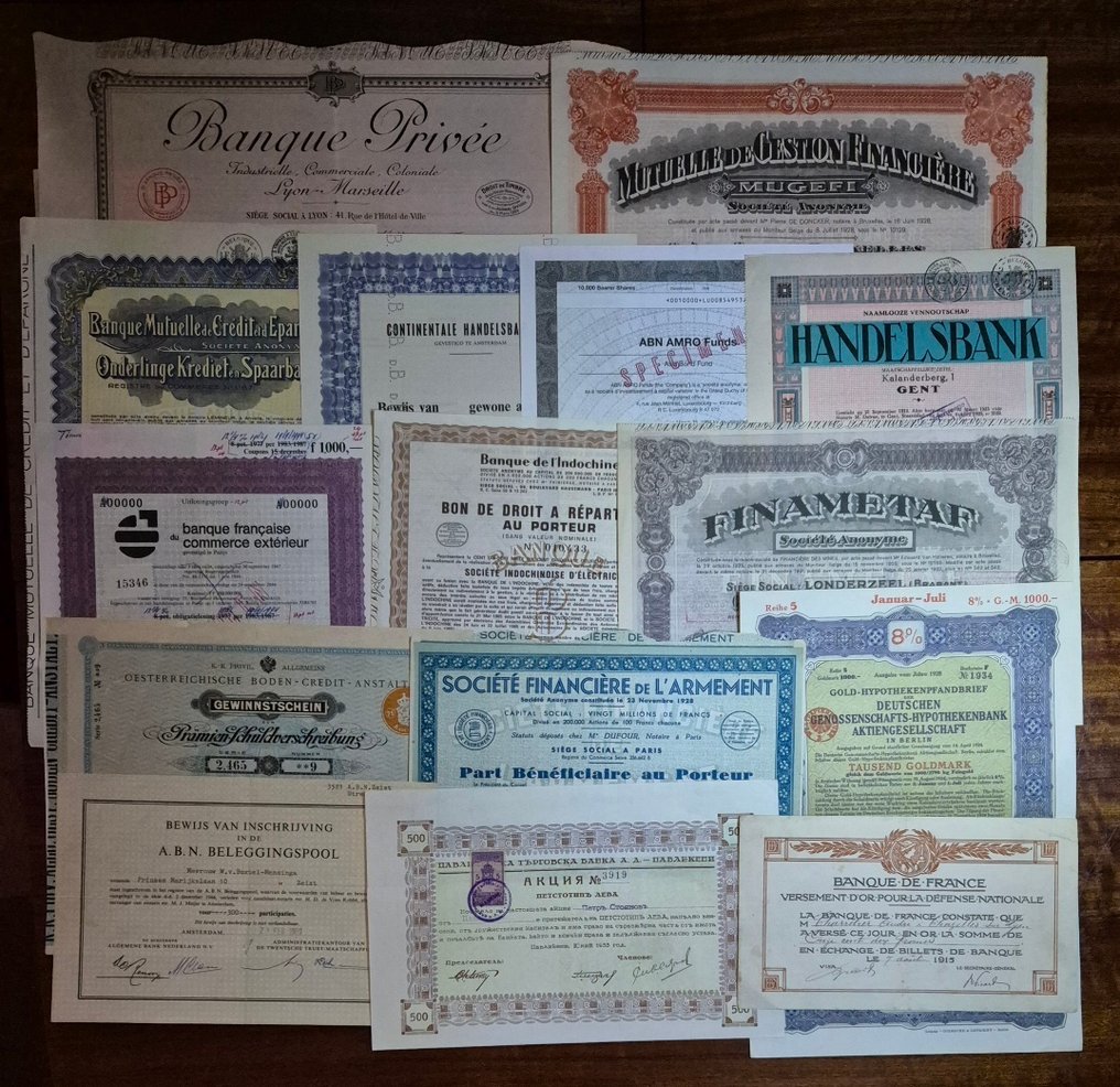 Hele verden. Collection Banking en finance history share certificates 1912-1998 (15 pieces) (Ingen mindstepris) #1.0