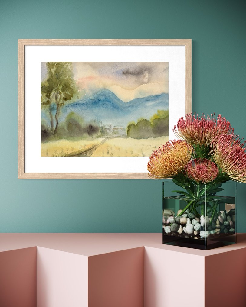 Marie Louise Ogier ( 1912-2003 ) - Paysage aux montagnes bleutées - aquarelle encadrée #4.3