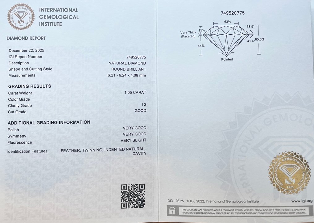 没有保留价 - 1 pcs 钻石  (天然)  - 1.05 ct - 圆形 - I - I2 内含二级 - 国际宝石研究院（IGI） #2.1