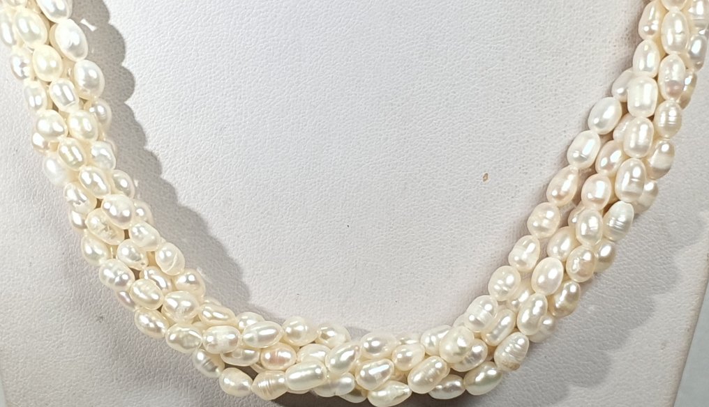 淡水天然珍珠 - 5圈 - 平静与安宁 - 925纯银 - 高品质 - 项链 #1.0