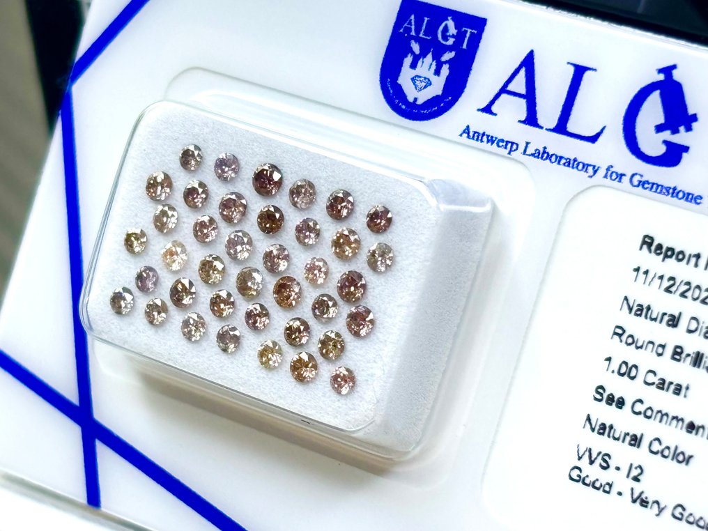 χωρίς τιμή ασφαλείας - 39 pcs Διαμάντι  (Φυσικού χρώματος)  - 1.00 ct - Στρογγυλό Ανάμεικτο καφέ, Ανάμεικτο ροζ - VVS1, I2 - Antwerp Laboratory for Gemstone Testing (ALGT) #4.3