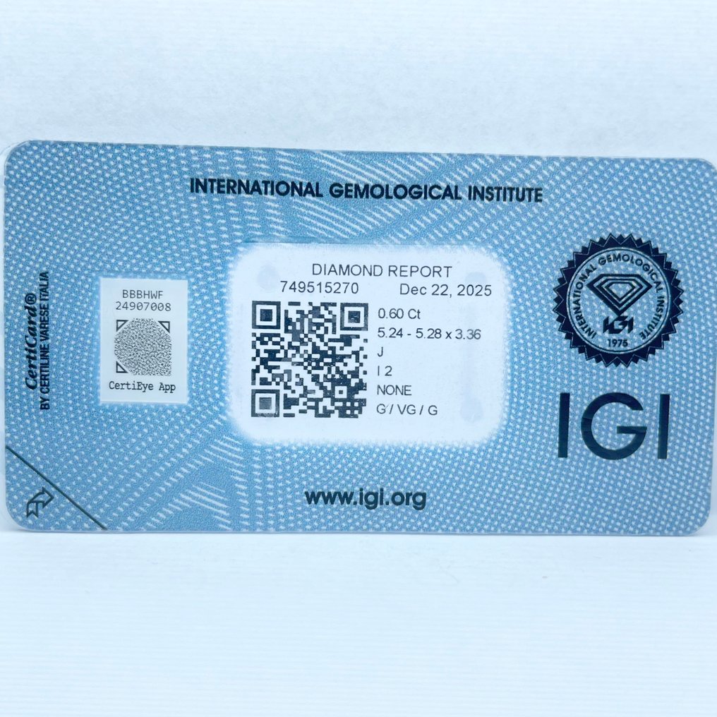 没有保留价 - 1 pcs 钻石 (天然) - 0.60 ct - 圆形 - J - I2 内含二级 - 国际宝石研究院(IGI) #4.3