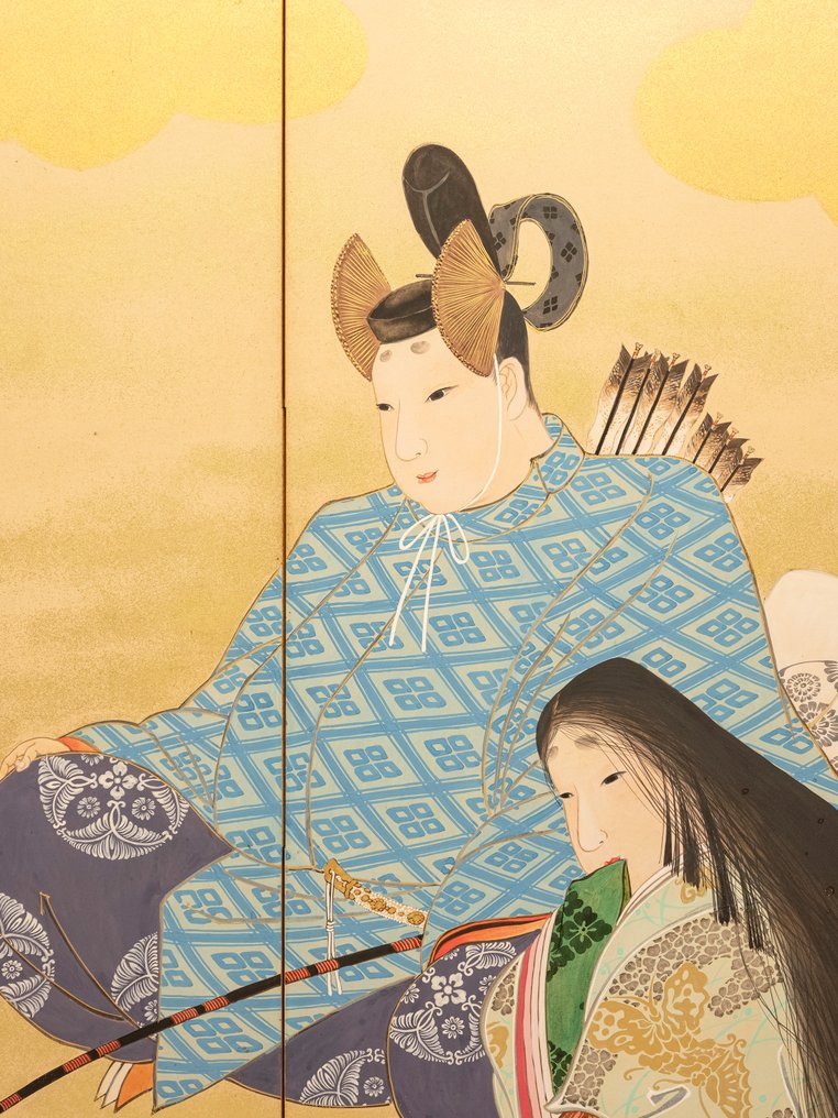 Byōbu屏風 - 紙, 木, 絲, 一幅六格折屏，描绘源氏物语中的一幕，背景为金粉。 - 日本 - 明治时期（19世纪后期） #3.2