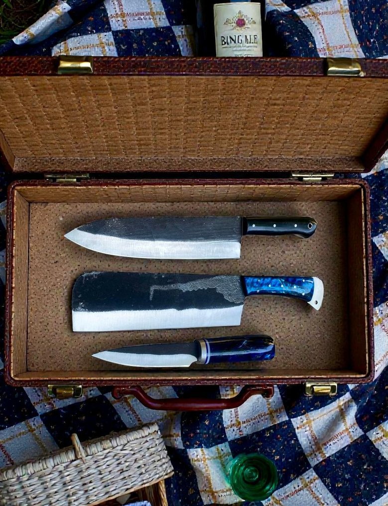 Set of THREE, Hand-Forged with Old Steel, Japanese Style Knives from Elite - 厨刀 - Chef's knife - 钢, 木, 精美的三件套，手工锻造的日本OLD钢，复古刀具 - 日本 #4.3