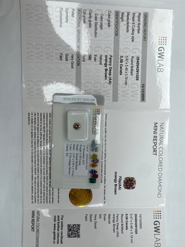 没有保留价 - 1 pcs 钻石  (天然色彩的)  - 0.58 ct - 圆形 - Fancy deep 似橙色 棕色 - SI2 微内含二级 - Gemewizard宝石实验室（GWLab） #1.0