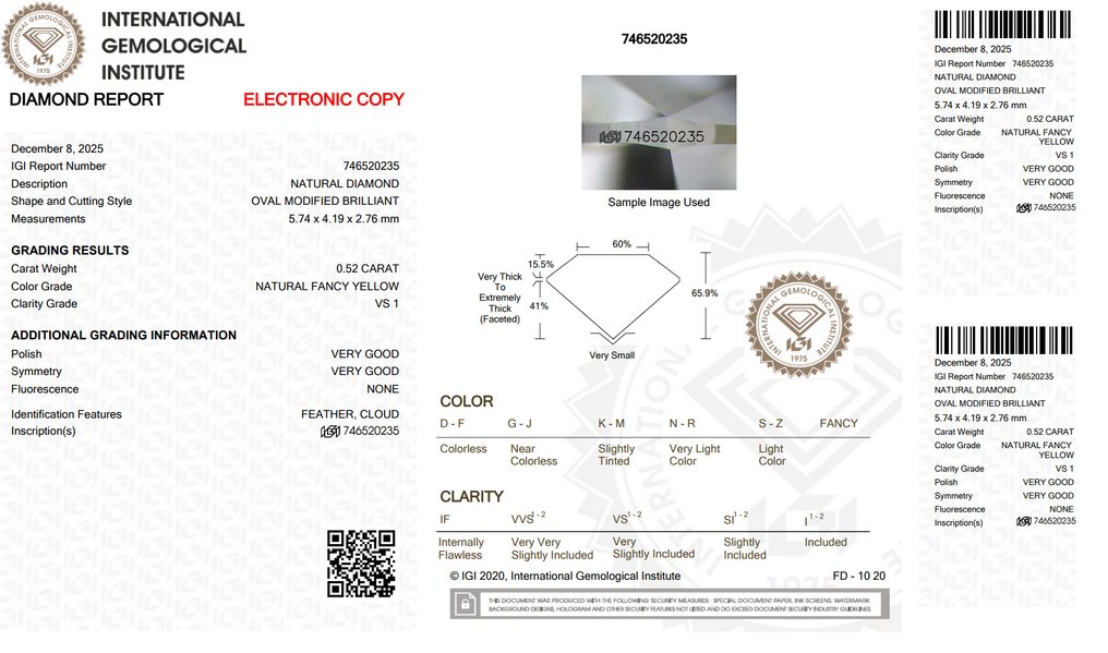 没有保留价 - 1 pcs 钻石  (天然色彩的)  - 0.52 ct - 椭圆形 - Fancy 黄色 - VS1 轻微内含一级 - 国际宝石研究院（IGI） #2.1