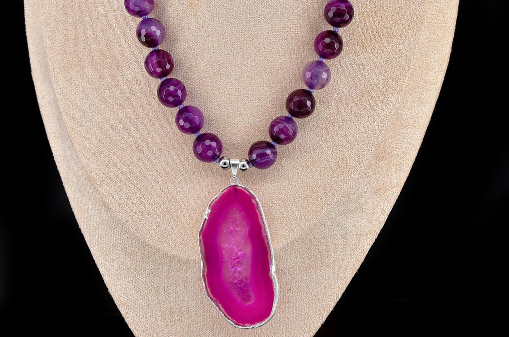 手工制作的精彩带纹紫水晶 带有深紫红色玛瑙吊坠的项链 - 高度: 40 cm - 宽度: 40 cm- 89 g #3.2