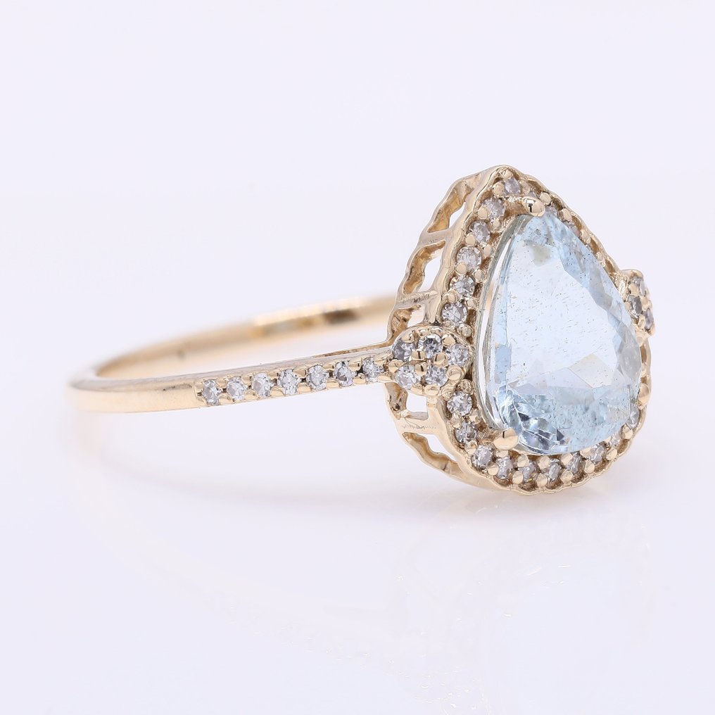 没有保留价 - 戒指 - 14K包金 黄金 -  1.55ct. tw. 海蓝宝石 - 钻石 #1.0