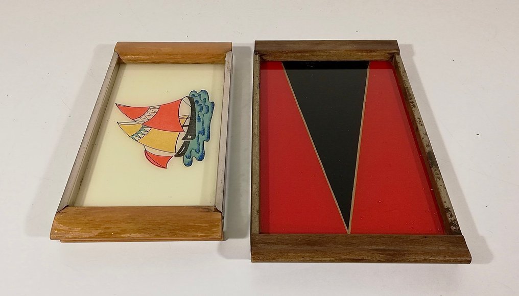 Δίσκος (2) - Vintage Design δεκαετίας του 1940 - Ξύλο, χρωμίου χάλυβας, γυαλί διακοσμητικού πάνελ. #1.0