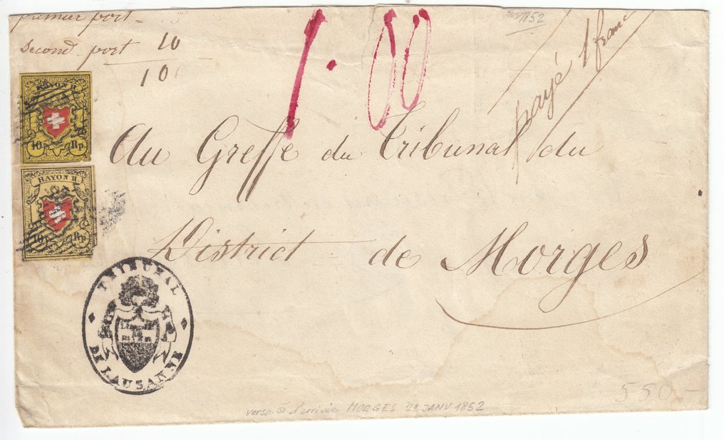 Ελβετία 1852 - Δύο αποχρώσεις χρώματος σε αρχικό γράμμα με σπάνια εκτυπωτικά πετράδια. - T20 B1-RO / T34 A2-LO #1.0